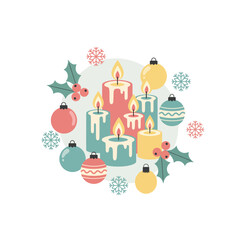 Embrace the enchanting spirit of happy holidays with this cute retro Christmas illustration, featuring whimsical winter candles and festive ornaments for a joyful celebration