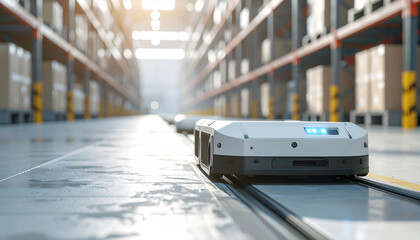 Automated Warehouse Delivery: Modern robotic system navigates a bustling warehouse, transporting goods with precision and efficiency, highlighting the integration of automation and logistics.