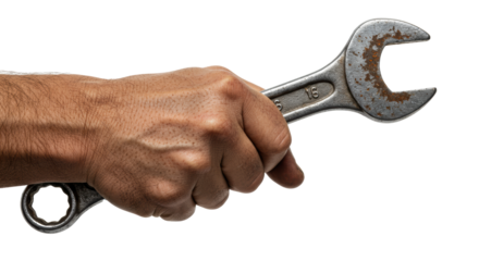 A rugged male hand with calloused skin gripping a rusty industrial wrench on a white background with copy space. Concept of heavy manual labor