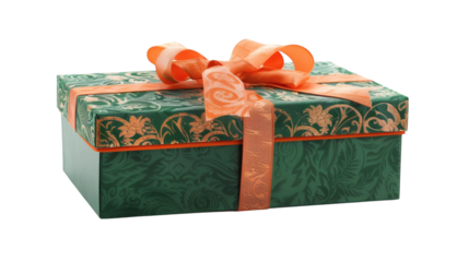 Green and orange gift box with ribbon isolated on white background