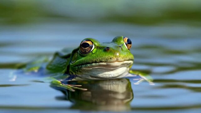 Vibrant green frog resting calmly on the water surface with bright eyes in a pond setting