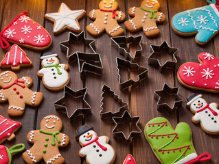 A top-down view of a dark wooden table laden with Christmas cookies, featuring intricately decorated gingerbread men and charming snowmen.