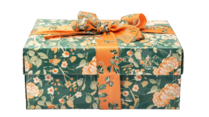 Green and orange gift box with ribbon isolated on white background