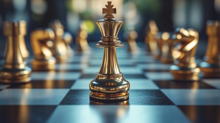 Business strategy concept chessboard and metallic pieces leadership and decision making visualization