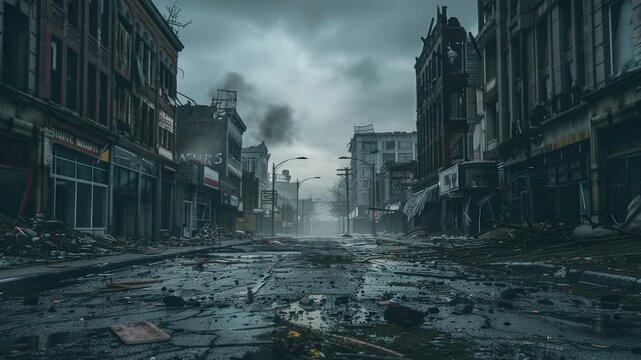 Video Debris-filled city street after disaster or war, suitable for dystopian or sci-fi backgrounds