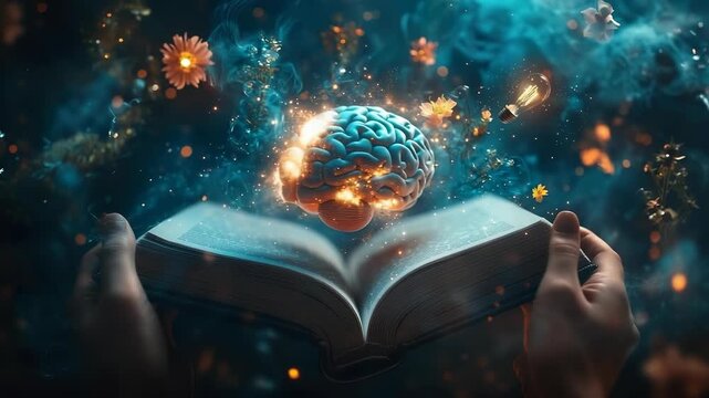 Education symbol scene: brain floating, learning focus, study theme, book wisdom, cognitive power, intellectual growth, mental strength, knowledge source, thought process, mind skill, academic path