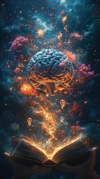Brain hovering concept: learning focus, study symbol, knowledge source, mental power, book wisdom, education path, intellectual growth, cognitive skill, mind strength, academic journey, idea spark