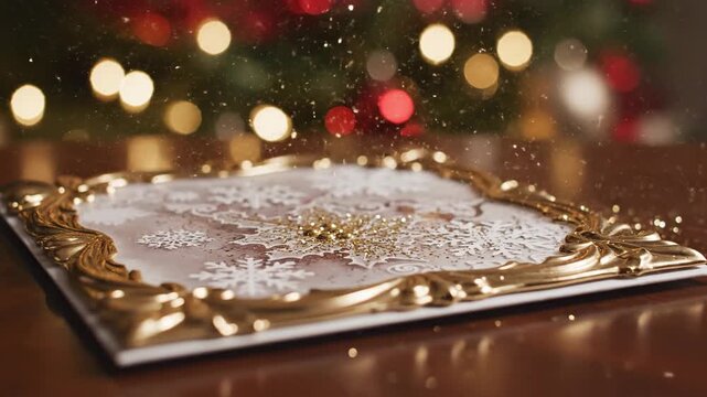 Decorative frame with ornate gold border and festive bokeh background