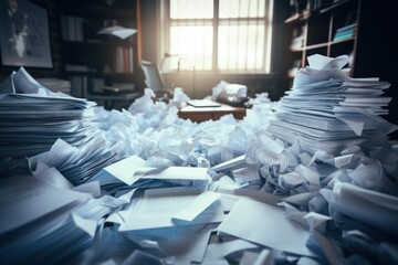 Messy office covered in stacks of paperwork and crumpled drafts, illustrating administrative burden, stress, and inefficiency