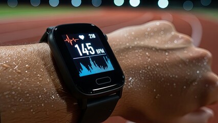 Close-up of a sweaty arm wearing a smartwatch displaying a high heart rate of 145 bpm during an intense workout on a running track.
