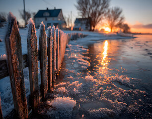 Icy fence by a frozen lake at sunrise