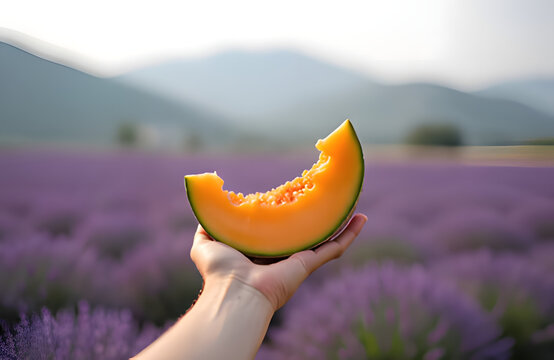 Hand holding a slice of cantaloupe melon over a blurred lavender field at sunset
