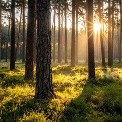 Sunlight streams through a pine forest (1)