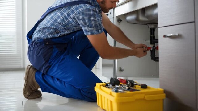 Mastering Plumbing: A skilled tradesman, intent on his task, meticulously inspects and repairs a sink's intricate pipework, demonstrating expertise.