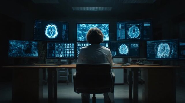 Medical Analysis and Deep Observation: An astute medical professional intently examines detailed brain scans on multiple monitors.