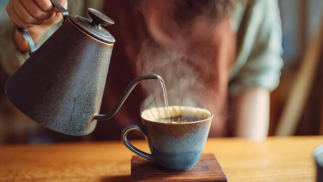 A person pours hot water from a gooseneck kettle into a ceramic cup, likely making coffee. Concept Coffee Pouring, Gooseneck Kettle, Ceramic Cup, Home Barista, Cozy Morning Ritual