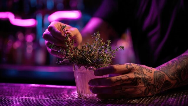 Tattooed bartender garnishes a drink with fresh thyme in a lowball glass under pink neon lighting. Concept Tattooed bartender, Thyme garnish, Lowball glass, Pink neon lighting, Cocktail ambiance