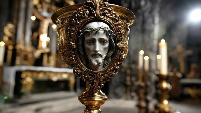 Sacred chalice with face of Jesus Christ, solemn holy communion vessel, ornate gold antique design, dim church interior, candlelight ambiance, religious devotion.