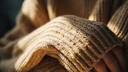 Close-up of a brown rib-knit sweater sleeve cuff. Concept Close-up, Brown rib-knit sweater, Sleeve cuff detail, Textured knitwear, Cozy fashion