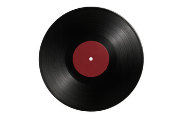 Black vinyl record disc with red label, playing classic analog music tunes, vintage audio technology, transparent background