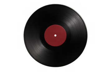 Black vinyl record disc with red label, playing classic analog music tunes, vintage audio technology, transparent background