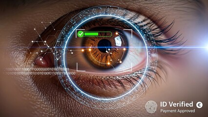 Close-up of a human eye undergoing biometric scanning and digital identification, showing "ID Verified" and "Payment Approved" with a glowing blue interface.