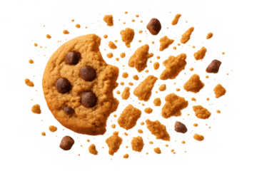 Chocolate chip cookie breaking apart with crumbs, sweet baked snack pieces falling on transparent background