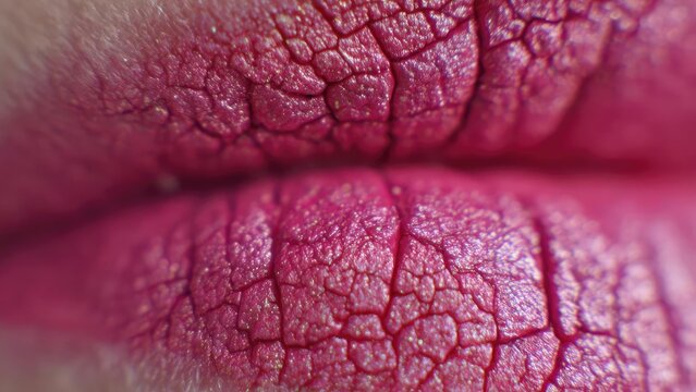 Close-up of pink lips with dry, cracked, textured skin. Concept Lip texture close-up, cracked lips macro, pink lips detail, dry skin texture, beauty macro photography