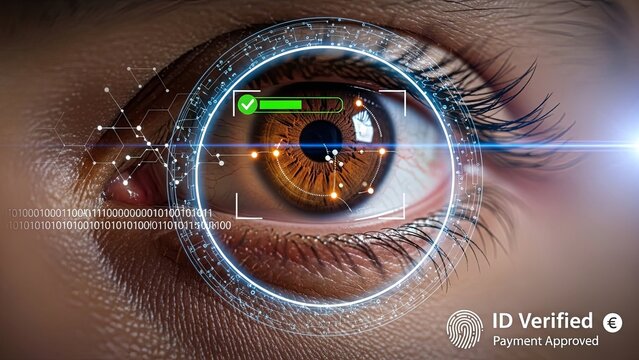 Close-up of a human eye undergoing biometric scanning and digital identification, showing "ID Verified" and "Payment Approved" with a glowing blue interface. - Powered by Adobe