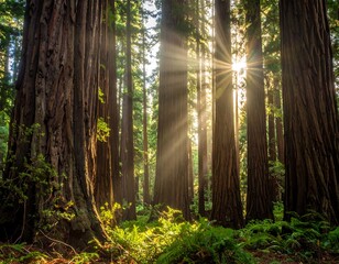 Sunlight streams through ancient redwood forest