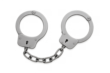 Metal handcuffs representing arrest, crime, law, justice, and security on a transparent background