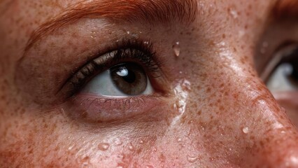 Fototapeta premium Close-up of a freckled eye with water droplets on surrounding skin; grey-green iris and long lashes. Concept Close-up Eye, Freckled Skin, Water Droplets, Grey-Green Iris, Long Lashes