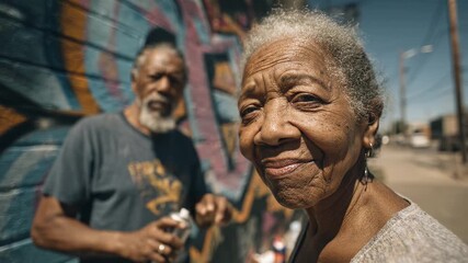 Senior African American couple creating graffiti art on a vibrant urban wall. Enjoying creative expression. Street art passion. Aging with joy. Inspiring community. Authentic lifestyle.