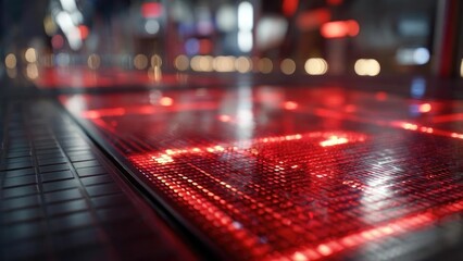 Nighttime city street with red neon reflections on a glossy tiled surface. Concept Night Photography, Neon Reflections, Urban Streets, Glossy Tiles, Red Neon