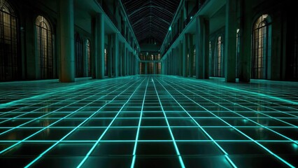 A large futuristic hall with turquoise neon gridlines on the floor, flanked by tall columns and arched windows. Concept Futuristic hall interior, Turquoise neon gridlines on the floor
