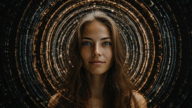 A portrait of a young woman with blue eyes and freckles, surrounded by glowing concentric rings of light. Concept Freckled portrait, Blue-eyed beauty, Glowing rings, Concentric light