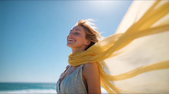 Embracing Freedom: A woman radiates joy as the sun warms her face. a scarf billows in the wind, a metaphor for free spirit. capturing the boundless feeling.