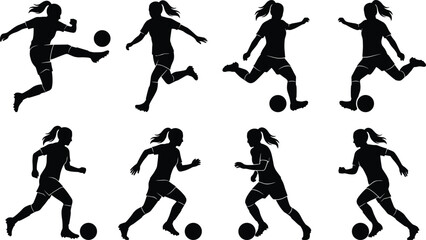 Female soccer player silhouettes dynamic action poses women football athletes running kicking isolated black white illustration sport motion concept © Salman