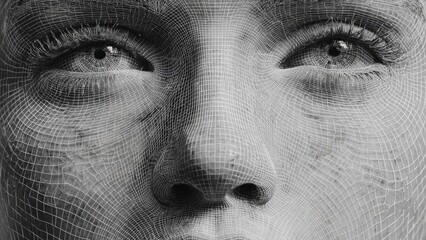 Close-up of a human face overlaid with a fine wireframe mesh. Concept Macro portrait, Wireframe overlay, 3D mesh texture, Futuristic skin, Digital anatomy