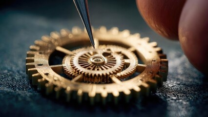 Close-up of brass watch gears being assembled with tweezers. Concept Watchmaking, Brass gears, Timepiece assembly, Precision engineering, Tweezers close-up