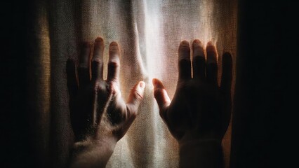 Hands pressed against a backlit curtain, light glowing through the fabric. Concept Backlit curtain, Glowing fabric, Hands pressed on curtain, Soft silhouette, Dramatic lighting