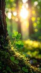 Sunlight filtering through forest, illuminating a delicate clover