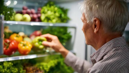 An elderly man selects a green bell pepper from a fridge full of colorful fresh vegetables. Concept Elderly man selecting produce, Green bell pepper, Colorful vegetables, Fresh groceries