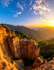 Sunrise over sculpted mountain landscape