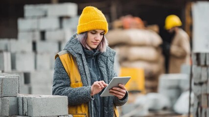 Building Site Inspection: A focused construction worker meticulously inspects a digital tablet, assessing building materials and construction progress amidst a bustling industrial environment.