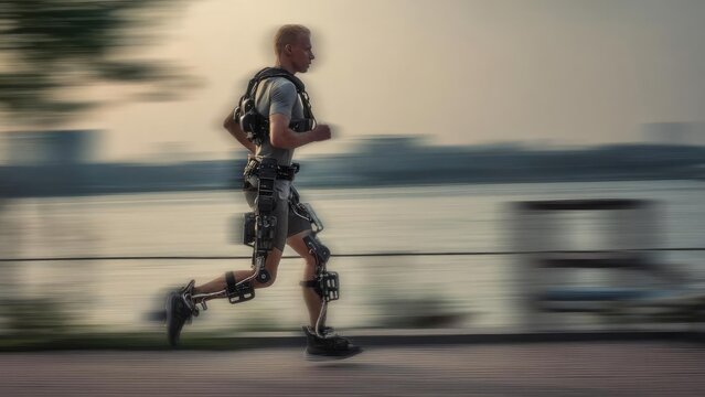 Man running in a powered exoskeleton suit. Concept Powered exoskeleton sprint, Futuristic athletic enhancement, Cybernetic runner, Mechanical legs running, Sci-fi endurance gear