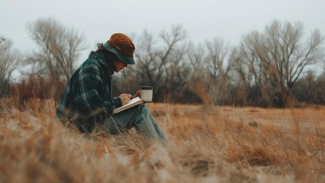 A person sits in a field of tall amber grass, wearing a plaid jacket and hat, writing in a notebook and sipping coffee. Concept Amber grass field, Plaid jacket and hat, Writing in a notebook