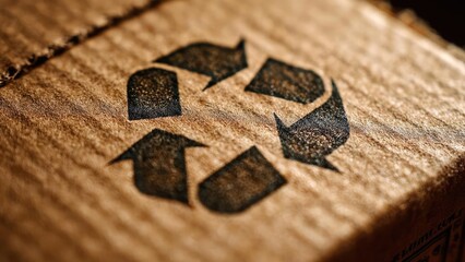 Close-up of a brown cardboard box with the recycling symbol printed on it. Concept Close-up, Brown cardboard box, Recycling symbol, Eco-friendly packaging, Cardboard texture