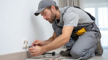 Electrical Work and Focus: A skilled electrician diligently works on electrical wiring, showcasing his expertise and commitment to safety and quality in a focused indoor setting.