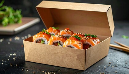 Sushi in a takeout box on a dark surface